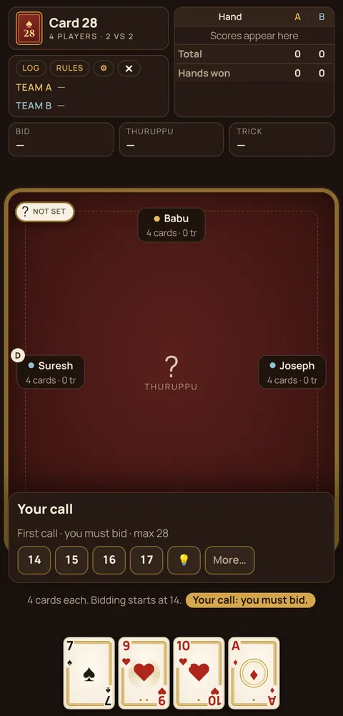 28 card game game table on a phone, showing the layout explained in these rules
