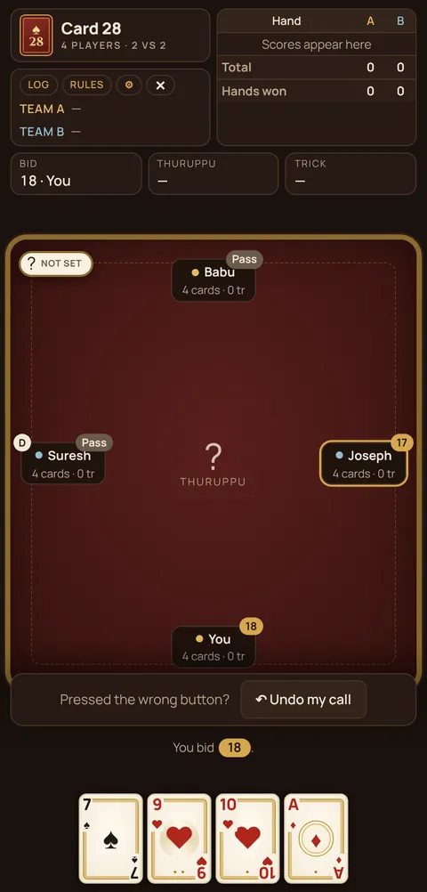 28 card game in progress on Cheettukali: the table during a hand
