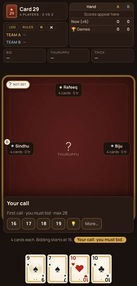 29 card game being played on Cheettukali