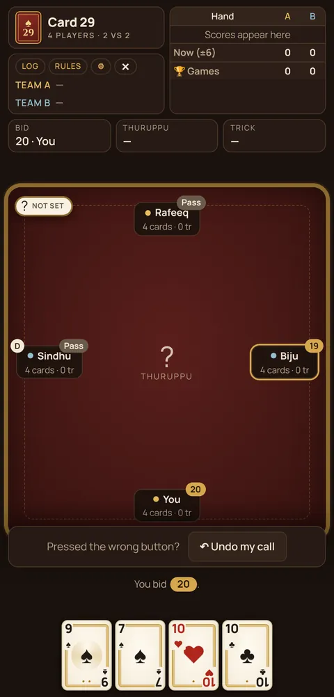 29 card game on Cheettukali during bidding, with the hidden trump card
