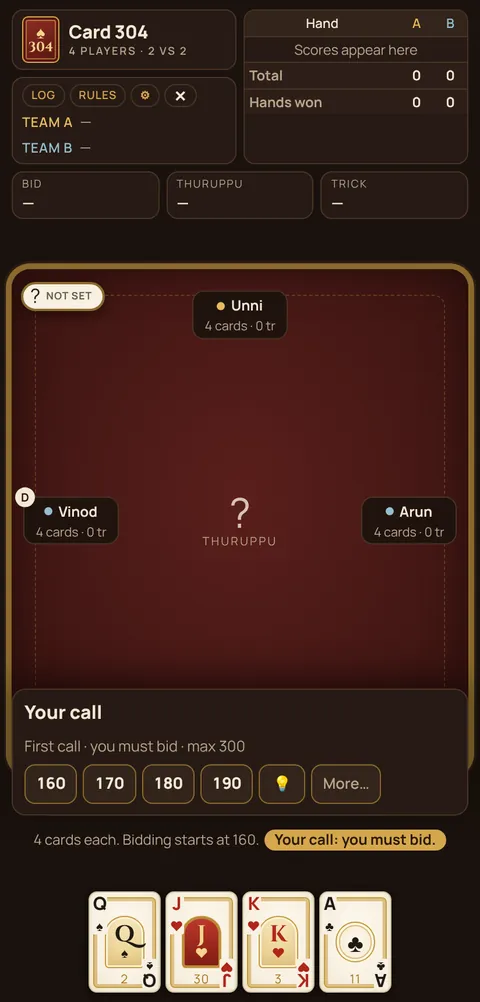 304 card game game table on a phone, showing the layout explained in these rules