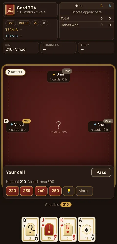 304 card game in progress on Cheettukali: the table during a hand