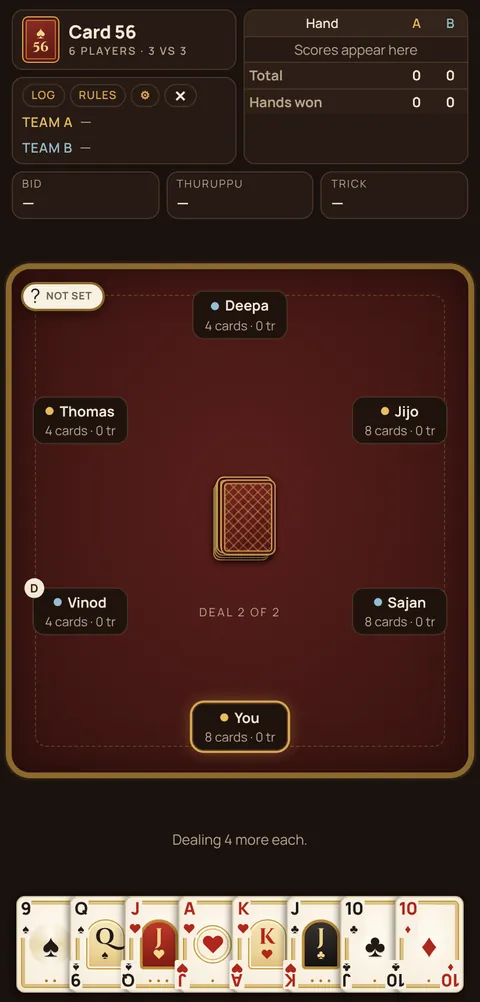 56 card game game table on a phone, showing the layout explained in these rules