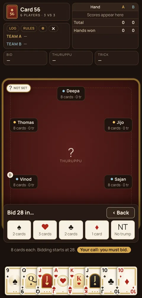 56 card game in progress on Cheettukali: the table during a hand