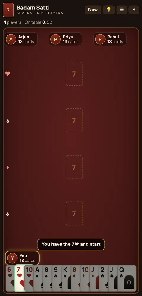 Badam Satti (Sevens) game table on a phone, showing the layout explained in these rules