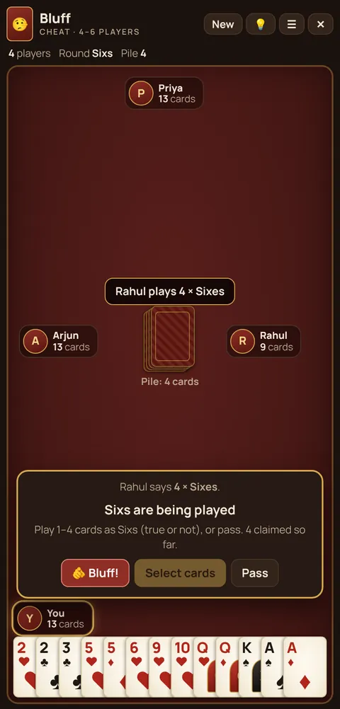 Bluff (Cheat) game table on a phone, showing the layout explained in these rules