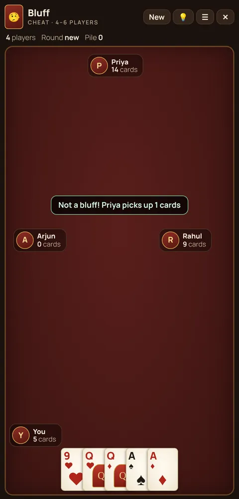 Bluff (Cheat) in progress on Cheettukali: the table during a game