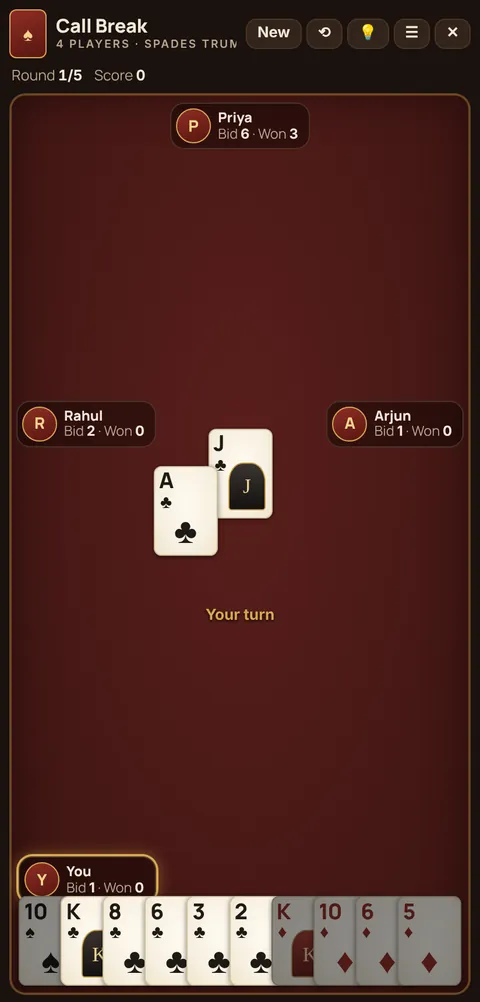 Call Break on Cheettukali: a trick in progress with spades as trump