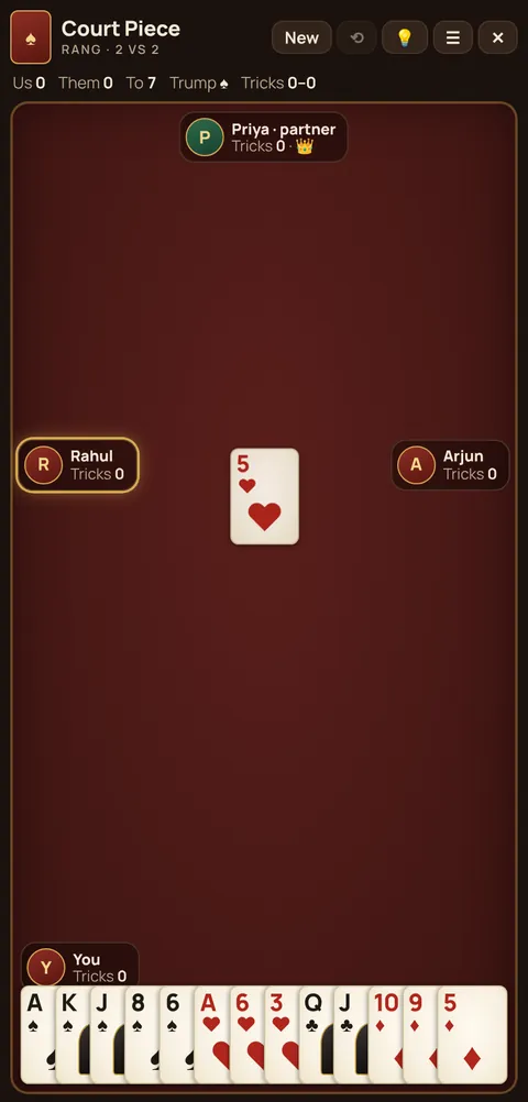 Court Piece (Rang) game table on a phone, showing the layout explained in these rules