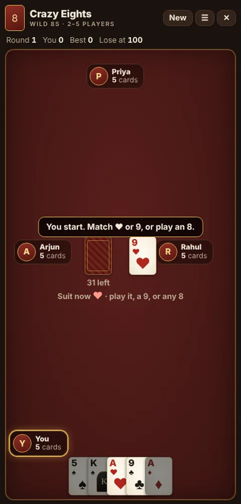 Crazy Eights game table on a phone, showing the layout explained in these rules