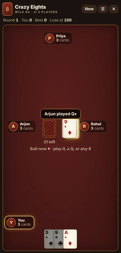 Crazy Eights in progress on Cheettukali: the table during a game