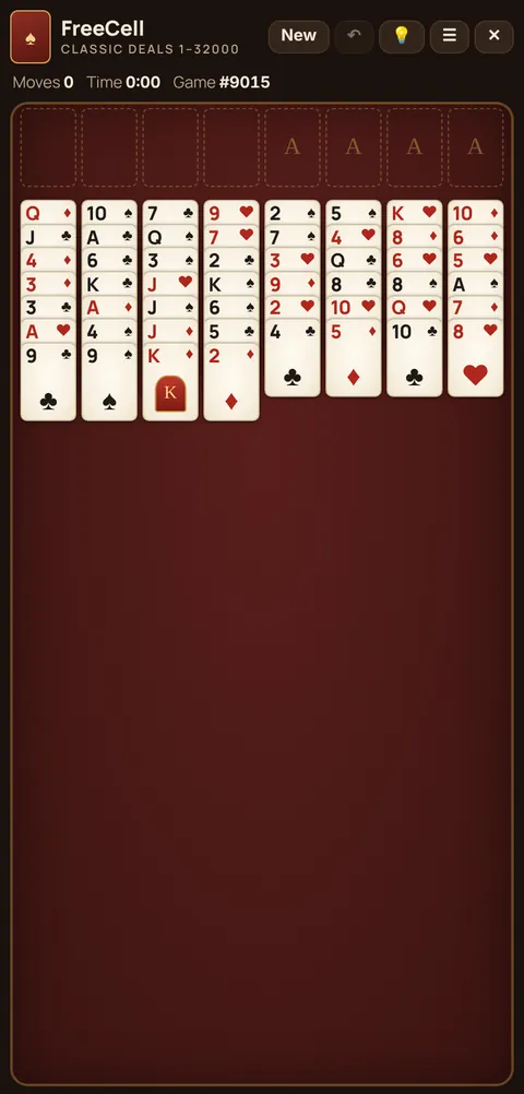 FreeCell game table on a phone, showing the layout explained in these rules
