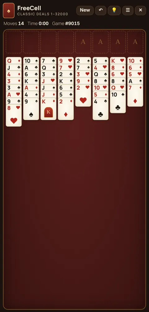 FreeCell in progress on Cheettukali: the table during a game