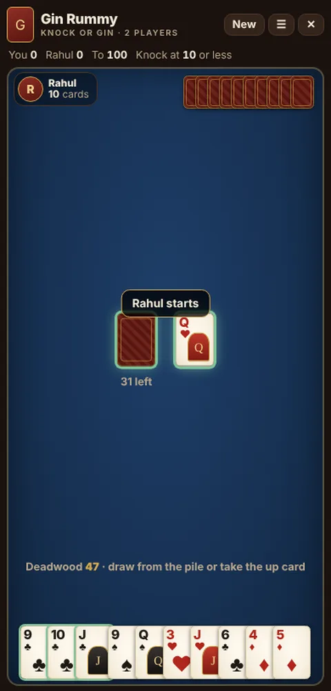 Gin Rummy game table on a phone, showing the layout explained in these rules