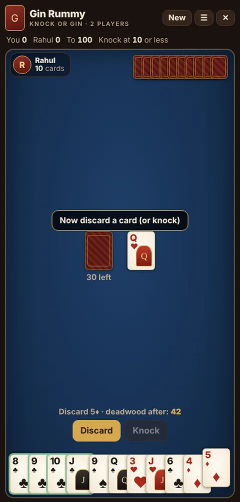 Gin Rummy in progress on Cheettukali: the table during a game