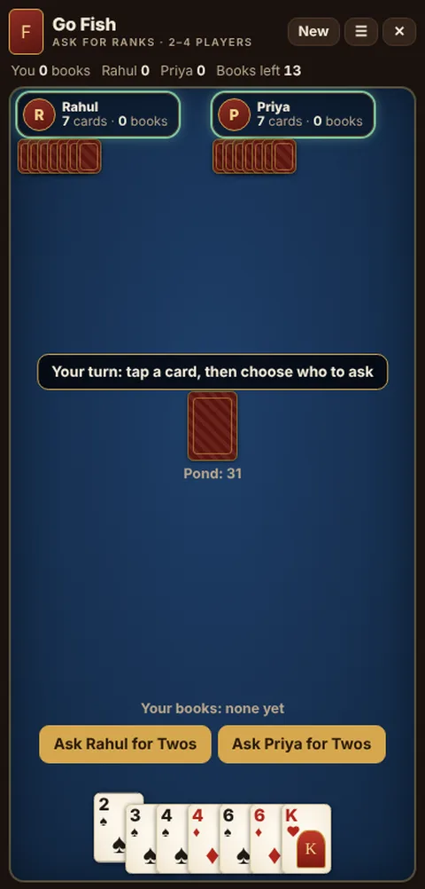 Go Fish game table on a phone, showing the layout explained in these rules