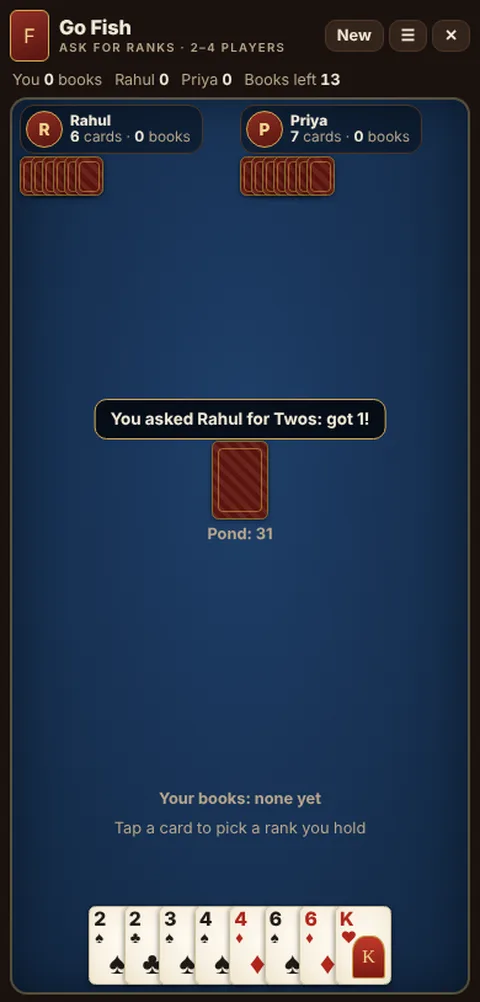Go Fish in progress on Cheettukali: the table during a game