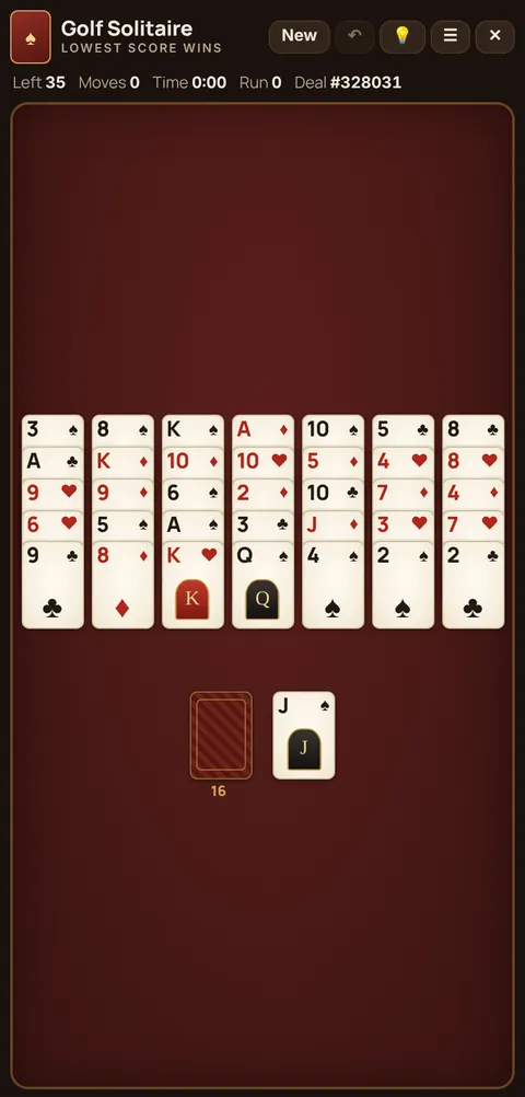 Golf Solitaire game table on a phone, showing the layout explained in these rules