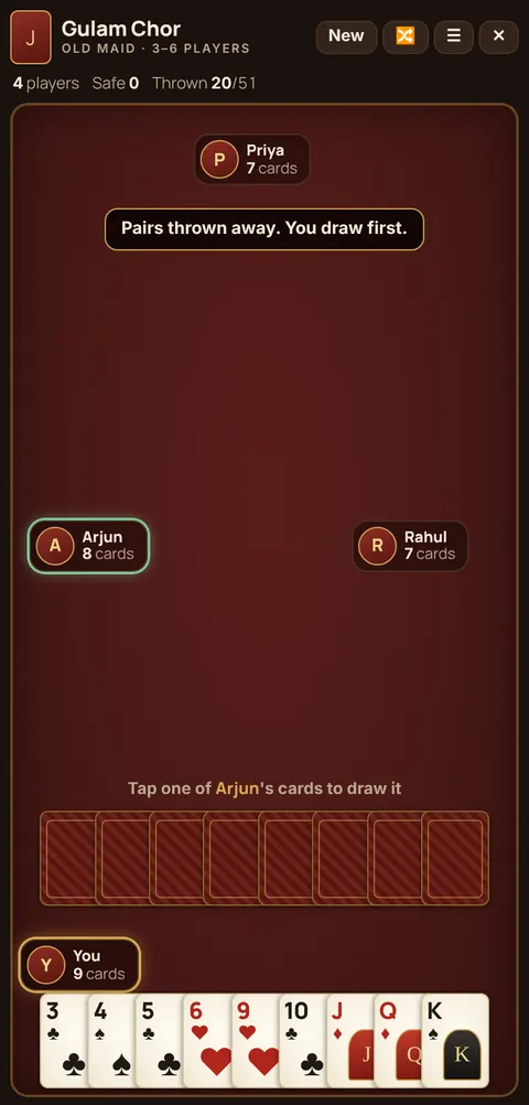 Gulam Chor (Old Maid) game table on a phone, showing the layout explained in these rules