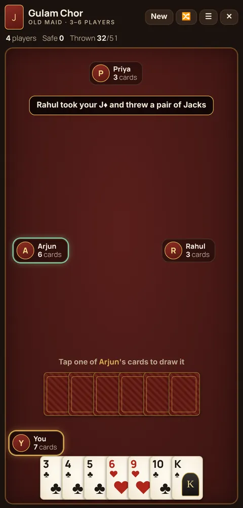Gulam Chor (Old Maid) in progress on Cheettukali: the table during a game