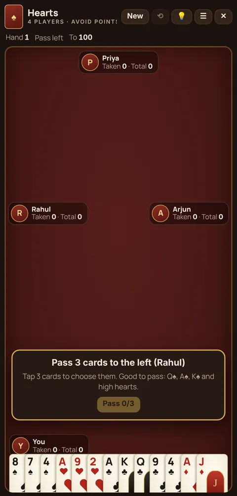 Hearts game table on a phone, showing the layout explained in these rules