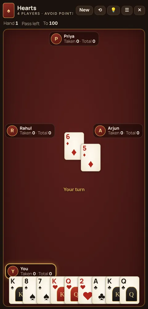 Hearts in progress on Cheettukali: the table during a game
