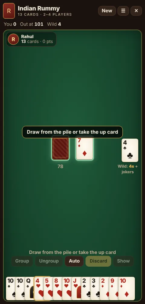 Indian Rummy game table on a phone, showing the layout explained in these rules