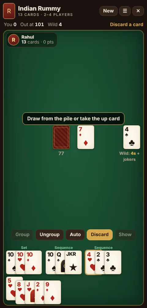 Indian Rummy in progress on Cheettukali: the table during a game