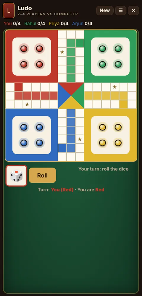 Ludo game table on a phone, showing the layout explained in these rules