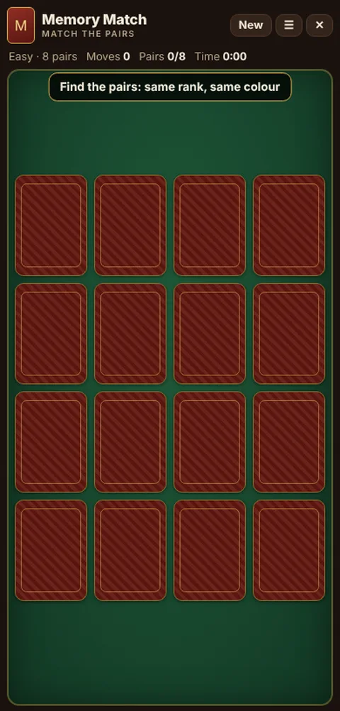 Memory Match game table on a phone, showing the layout explained in these rules