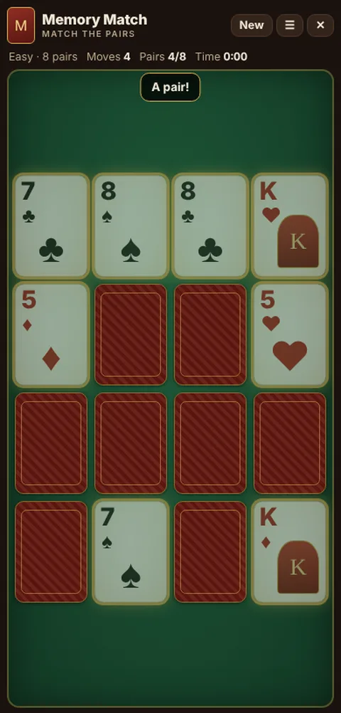 Memory Match in progress on Cheettukali: the table during a game