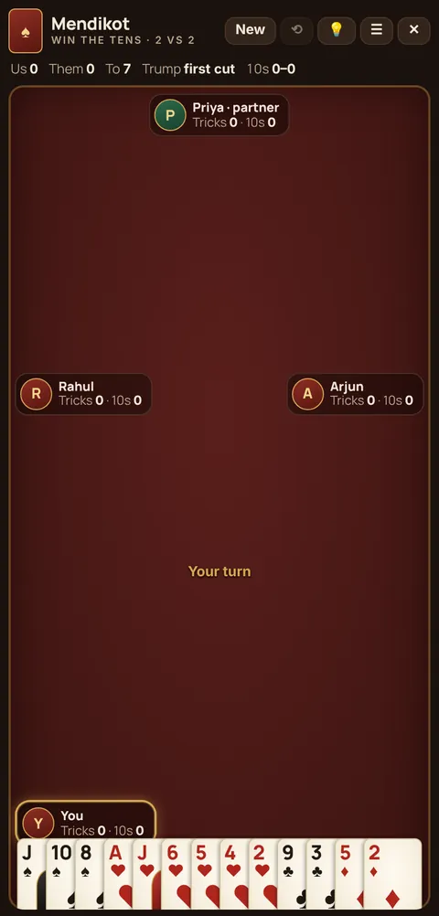 Mendikot game table on a phone, showing the layout explained in these rules