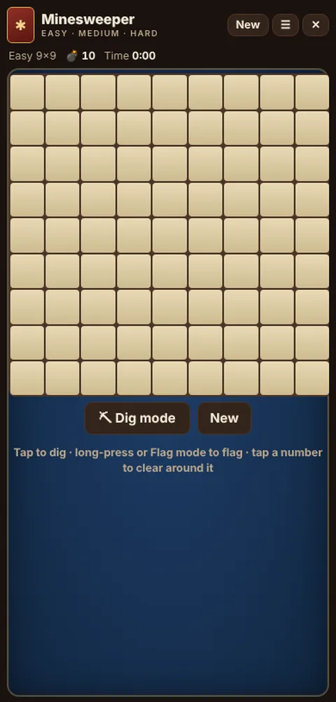 Minesweeper game table on a phone, showing the layout explained in these rules