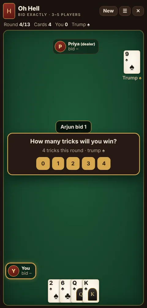 Oh Hell game table on a phone, showing the layout explained in these rules