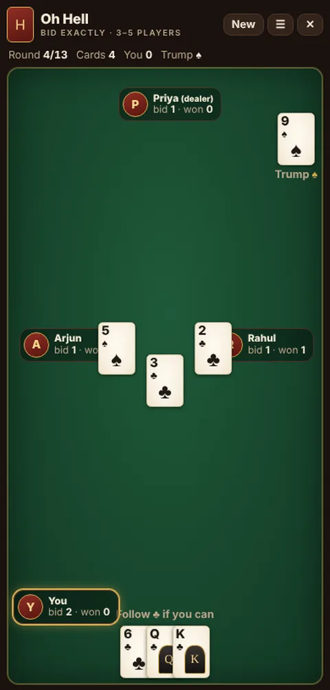 Oh Hell in progress on Cheettukali: the table during a game