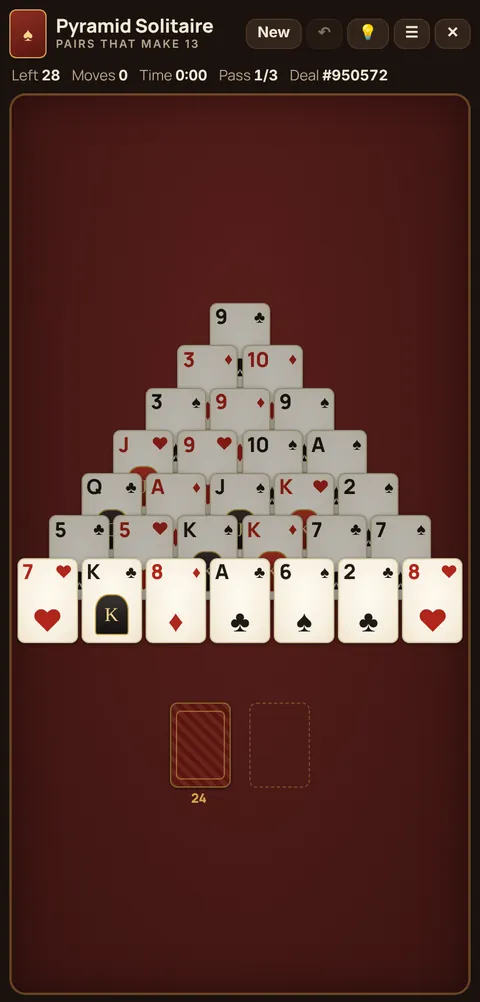 Pyramid Solitaire game table on a phone, showing the layout explained in these rules
