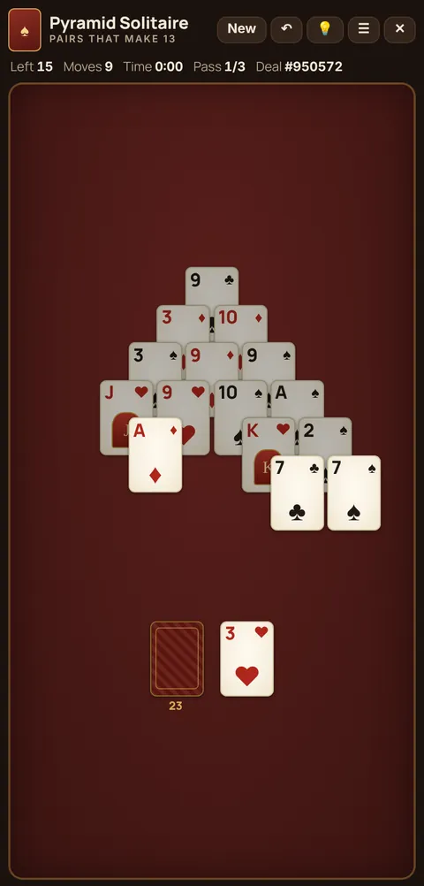 Pyramid Solitaire in progress on Cheettukali: the table during a game