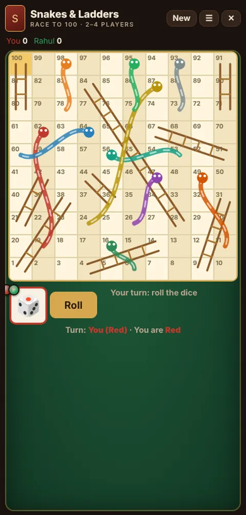 Snakes and Ladders game table on a phone, showing the layout explained in these rules
