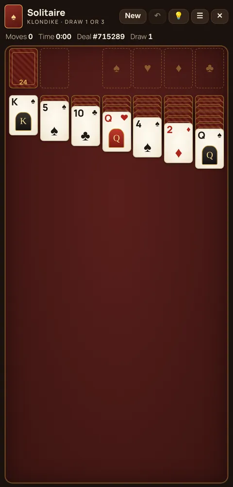 Solitaire (Klondike) game table on a phone, showing the layout explained in these rules