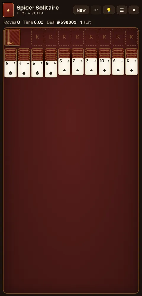 Spider Solitaire game table on a phone, showing the layout explained in these rules