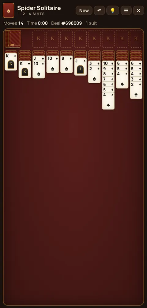 Spider Solitaire in progress on Cheettukali: the table during a game