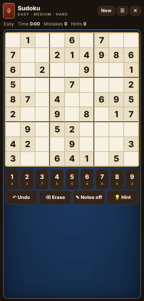 Sudoku game table on a phone, showing the layout explained in these rules