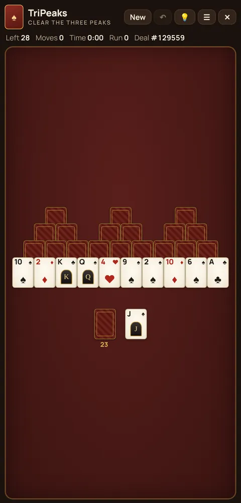 TriPeaks Solitaire game table on a phone, showing the layout explained in these rules