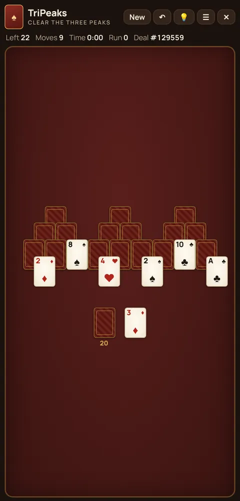 TriPeaks Solitaire in progress on Cheettukali: the table during a game